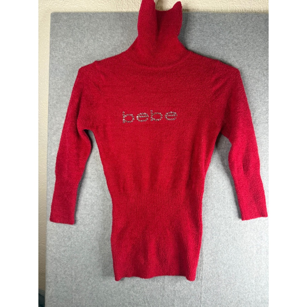 Bebe Red Rhinestone Logo Turtleneck Sweater Chenille Knit 3/4 Sleeve Small